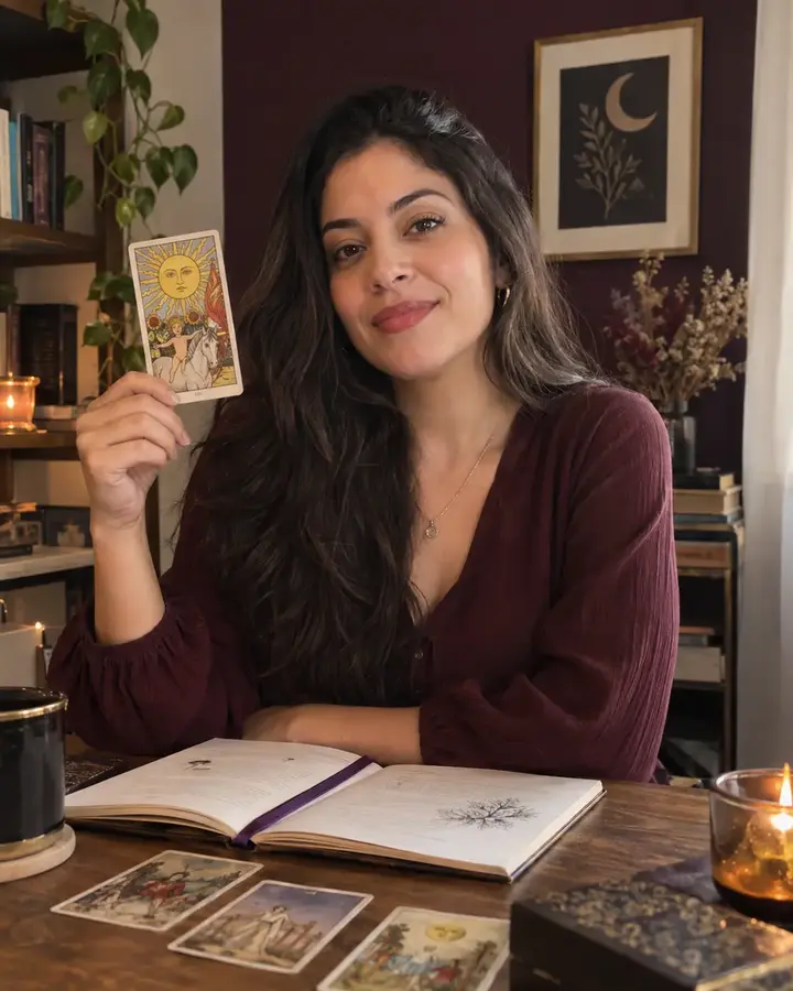 Aluna estudando Tarot em casa com o material aberto