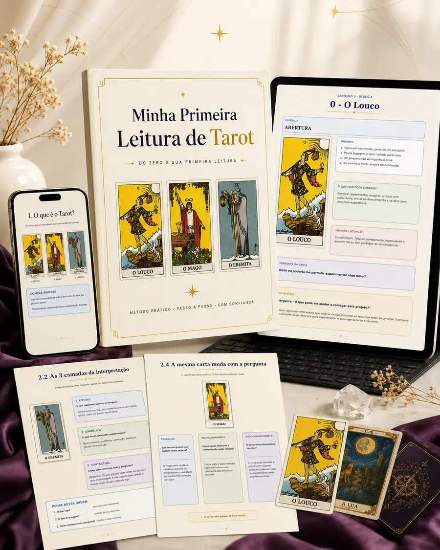 Mockup elegante do guia Minha Primeira Leitura de Tarot